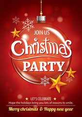 Merry christmas party and glass ball for flyer brochure design on red background invitation theme concept. Happy holiday greeting banner and card template.