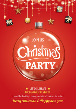 Merry christmas party and glass ball for flyer brochure design on red background invitation theme concept. Happy holiday greeting banner and card template.