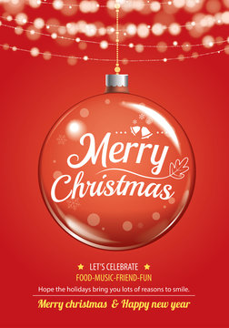 Merry christmas party and glass ball for flyer brochure design on red background invitation theme concept. Happy holiday greeting banner and card template.