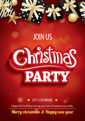 Merry christmas party and gift box for flyer brochure design on red background invitation theme concept. Happy holiday greeting banner and card template.