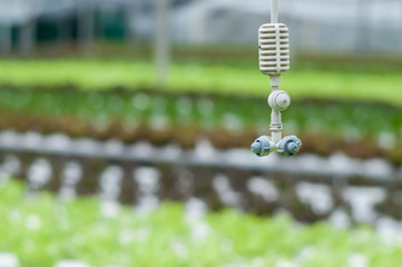 Hanging mist emitter above hydroponics plants