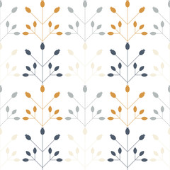 Modern vector floral seamless geometric pattern with  stylized rose hips berries and leaves in retro scandinavian style. Simple outlines with worn out texture.