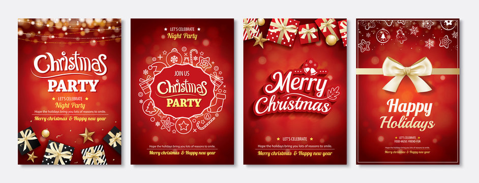 Merry christmas party glass ball and gift box for flyer brochure design on red background invitation theme concept. Happy holiday greeting banner and card template.