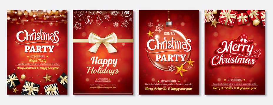Merry christmas party glass ball and gift box for flyer brochure design on red background invitation theme concept. Happy holiday greeting banner and card template.