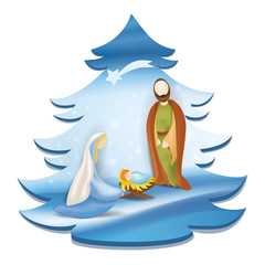 Christmas tree nativity scene with holy family - Jesus, Mary, Joseph on elegant blue background