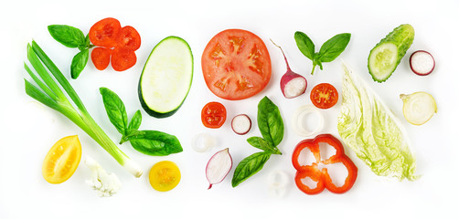 Set of slices of vegetables isolated on white background top view, design for vegetable menu. Tomat, green onion, cucumber sweet pepper zucchini Peking cabbage cauliflower radish basil.
