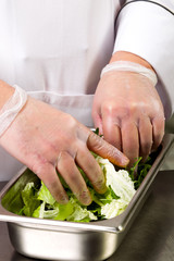 Cooking food. The hands of the chef make a salad