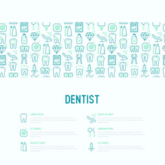 Dentist concept with thin line icons of tooth, implant, dental floss, crown, toothpaste, medical equipment. Modern vector illustration for banner, web page, print media.