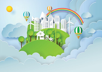 Save the world with environment conservation concept.Paper art style of nature landscape and green eco city of renewable energy.Vector illustration.