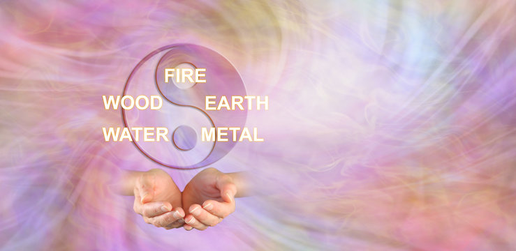The 5 Elements of Traditional Chinese Medicine - yin yang symbol above a pair of cupped hands and the words FIRE WOOD EARTH WATER METAL against an ethereal energy background
