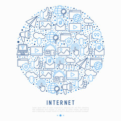Internet concept in circle with thin line icons: e-mail, chat, laptop, share, cloud computing, seo, download, upload, stream, global connection. Modern vector illustration for web page.