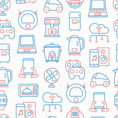 Internet of things seamless pattern with thin line icons: laptop, smart watch, cloud computing technology, kettle, speaker, smart car, robot vacuum. Vector illustration.