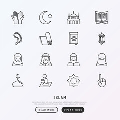 Islam thin line icons set: mosque, carpet, rosary, prayer, koran, moslem. Modern vector illustration.