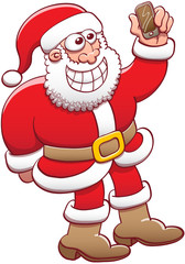 Cool Santa Claus wearing his Christmas suit, posing and grinning while taking a selfie with his smartphone