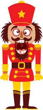 Christmas nutcracker doll wearing red soldier uniform with big starred hat, gloves and boots. It is crossing its eyes, laughing out loud and showing its broken teeth while showing a crazy mood