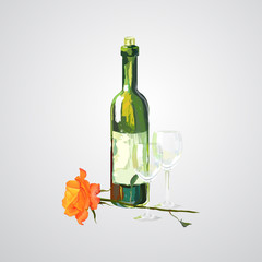 vector illustration of bottle and glass of wine and rose flower