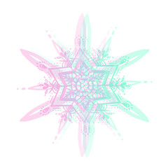 Seasonal mandala snowflake. Holographic effect on white isolated background. Winter pattern.
