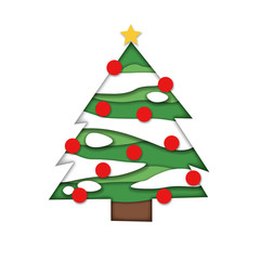 Papercut trendy vector illustration of christmas tree. Fir tree with red balls and golden star on white isolated background.