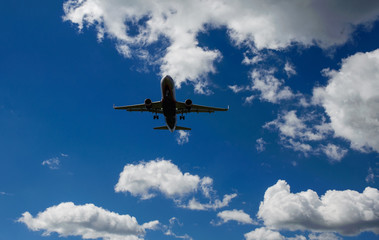 Fototapeta na wymiar The plane on a background of blue sky and white clouds.