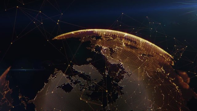 Earth global connectivity. Abstract background with gold flakes and bokeh. Broadcast background. 3d video.