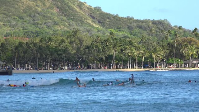 Training ride of surfers in Hawaii. Waikiki Beach, Oahu, Hawaii, USA