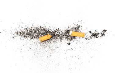 Cigarette stubs and ash isolated on white background, top view