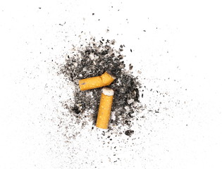 Cigarette stubs and ash isolated on white background, top view