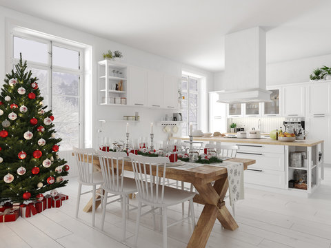 nordic kitchen with christmas decoration by day. 3d rendering