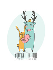 Valentines day greeting card with couple in love in modern flat line art style