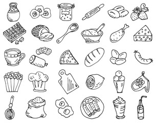 Food, kitchen doodles hand drawn sketchy vector characters and objects. Vector eps 10.
