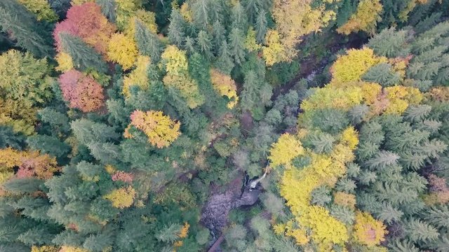 Aerial shoot of beautiful places in carpathian mountains. Waterfall Zhenetskyi Huk , Ukraine