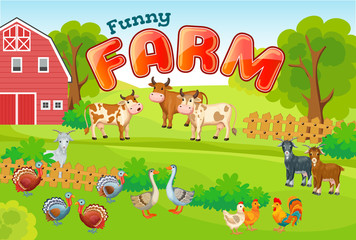 Obraz na płótnie Canvas Horizontal background farm with animals. Title on the cover.