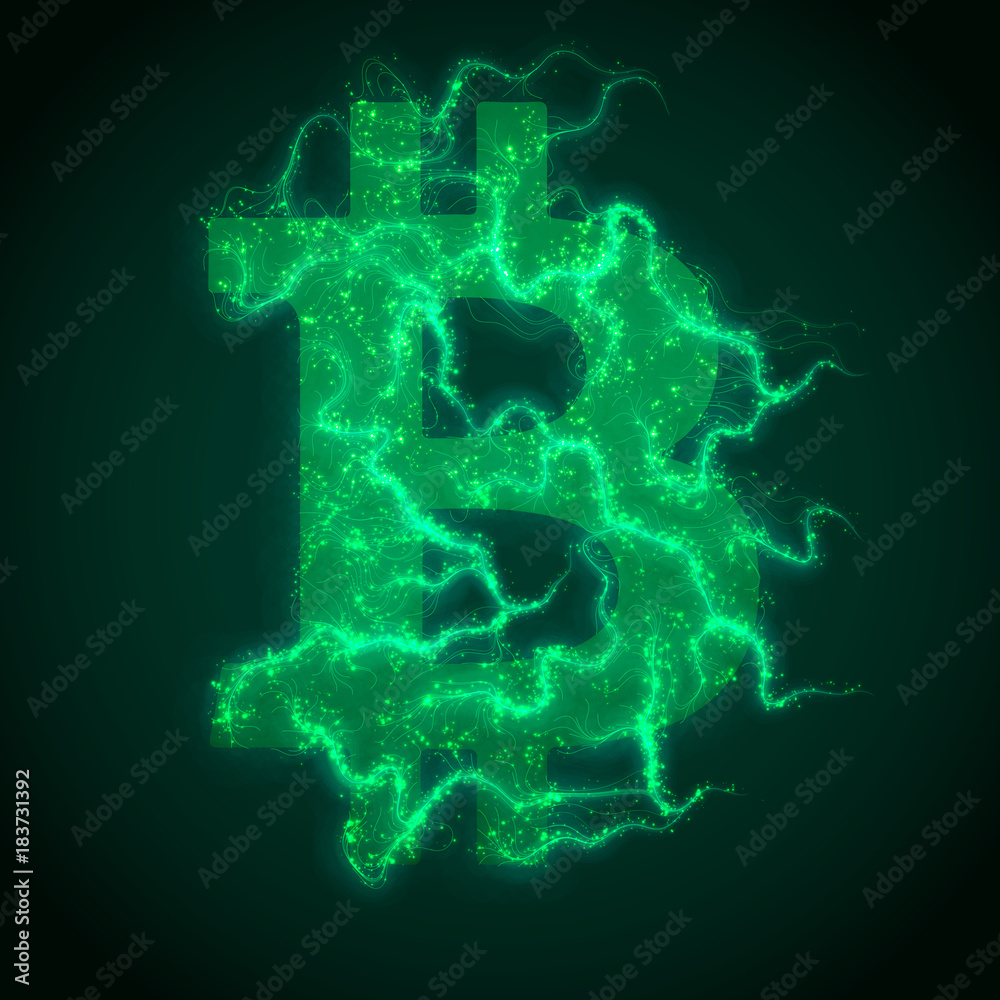 Poster vector green bitcoin symbol constructed with flowing binary numbers. bitcoin, blockchain transfer. c