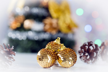 Fototapeta na wymiar christmas decoration on bright background, gift boxes and tree