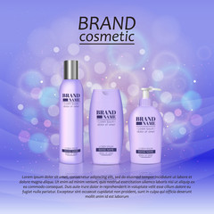 3D realistic cosmetic bottle ads template. Cosmetic brand advertising concept design with glitters and bokeh background