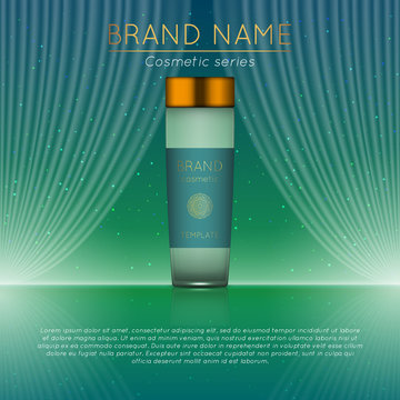 3D realistic cosmetic bottle ads template. Cosmetic brand advertising concept design with wavy light abstract background