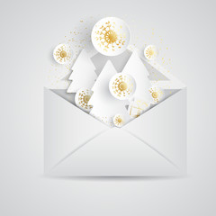 Christmas card with paper snowflakes and Christmas trees inside open envelope. Paper elements with golden elements