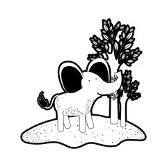 elephant cartoon in forest next to the trees in black silhouette with thick contour vector illustration