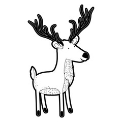 deer cartoon with long horns in black silhouette with thick contour vector illustration