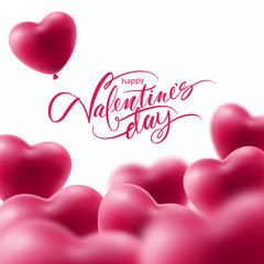 Beautiful vector holiday illustration of flying bunch of pink balloon hearts. Happy Valentines Day