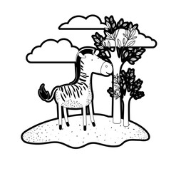 zebra cartoon in outdoor scene with trees and clouds in black silhouette with thick contour vector illustration