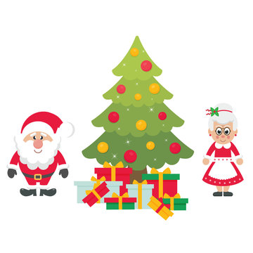 cartoon cute santa claus with christmas fir tree and gifts and mrs santa