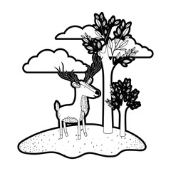 deer cartoon with long horns in outdoor scene with trees and clouds in black silhouette with thick contour vector illustration