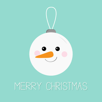 Merry Christmas ball toy hanging. Snowman face head, carrot nose. Cute cartoon funny kawaii character. Tree decoration. Blue winter background. Greeting card. Isolated. Flat design.