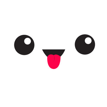 Cute cartoon funny kawaii face head emotion. White square icon showing tongue. Happy emoji. Flat design style.
