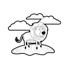 lion cartoon in outdoor scene with clouds in black silhouette with thick contour vector illustration