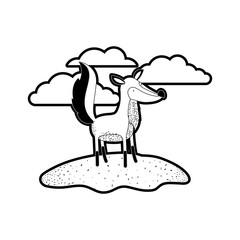 fox cartoon in outdoor scene with clouds in black silhouette with thick contour vector illustration