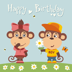 Happy birthday! Greeting card: funny monkey boy gives flower to monkey girl for birthday.