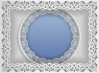 Round white frame in an rectangular frame with lace edges and a abstract background inside. Template for wedding and other congratulations. In the middle there is space for text, photos. Vector.