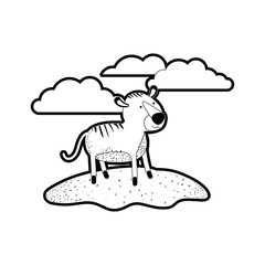 tiger cartoon in outdoor scene with clouds in black silhouette with thick contour vector illustration